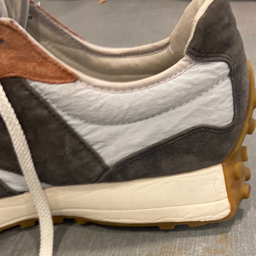 New Balance Gray, White, and Tan Sneakers